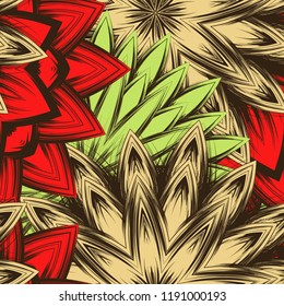 Seamless floral background. Tracery handmade nature ethnic fabric backdrop pattern with flowers. Textile design texture. Decorative color art. Vector
