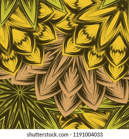 Seamless floral background. Tracery handmade nature ethnic fabric backdrop pattern with flowers. Textile design texture. Decorative color art. Vector