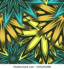 Seamless floral background. Tracery handmade nature ethnic fabric backdrop pattern with flowers. Textile design texture. Decorative color art. Vector