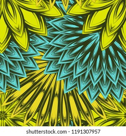 Seamless floral background. Tracery handmade nature ethnic fabric backdrop pattern with flowers. Textile design texture. Decorative color art. Vector