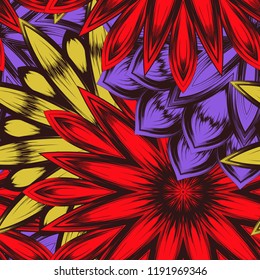 Seamless floral background. Tracery handmade nature ethnic fabric backdrop pattern with flowers. Textile design texture. Decorative color art. Vector