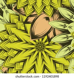 Seamless floral background. Tracery handmade nature ethnic fabric backdrop pattern with flowers. Textile design texture. Decorative color art. Vector