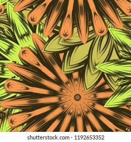 Seamless floral background. Tracery handmade nature ethnic fabric backdrop pattern with flowers. Textile design texture. Decorative color art. Vector