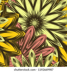 Seamless floral background. Tracery handmade nature ethnic fabric backdrop pattern with flowers. Textile design texture. Decorative color art. Vector