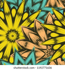 Seamless floral background. Tracery handmade nature ethnic fabric backdrop pattern with flowers. Textile design texture. Decorative color art. Vector