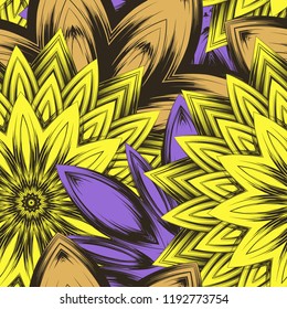 Seamless floral background. Tracery handmade nature ethnic fabric backdrop pattern with flowers. Textile design texture. Decorative color art. Vector