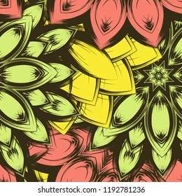 Seamless floral background. Tracery handmade nature ethnic fabric backdrop pattern with flowers. Textile design texture. Decorative color art. Vector