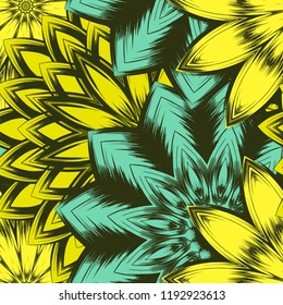 Seamless floral background. Tracery handmade nature ethnic fabric backdrop pattern with flowers. Textile design texture. Decorative color art. Vector