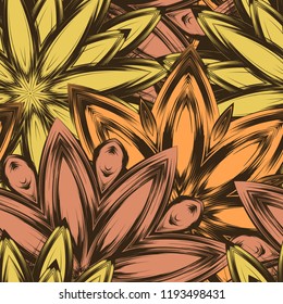 Seamless floral background. Tracery handmade nature ethnic fabric backdrop pattern with flowers. Textile design texture. Decorative color art. Vector