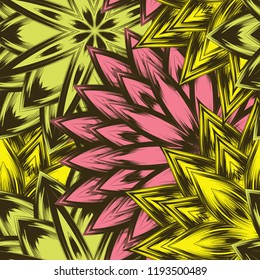 Seamless floral background. Tracery handmade nature ethnic fabric backdrop pattern with flowers. Textile design texture. Decorative color art. Vector
