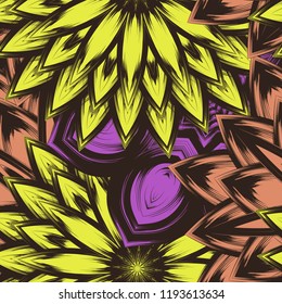 Seamless floral background. Tracery handmade nature ethnic fabric backdrop pattern with flowers. Textile design texture. Decorative color art. Vector