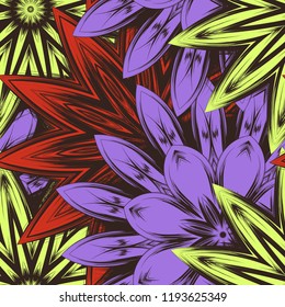 Seamless floral background. Tracery handmade nature ethnic fabric backdrop pattern with flowers. Textile design texture. Decorative color art. Vector