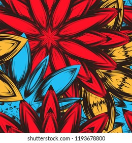Seamless floral background. Tracery handmade nature ethnic fabric backdrop pattern with flowers. Textile design texture. Decorative color art. Vector