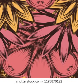 Seamless floral background. Tracery handmade nature ethnic fabric backdrop pattern with flowers. Textile design texture. Decorative color art. Vector