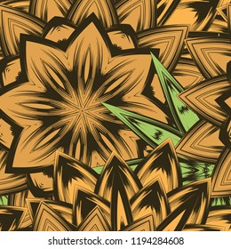 Seamless floral background. Tracery handmade nature ethnic fabric backdrop pattern with flowers. Textile design texture. Decorative color art. Vector