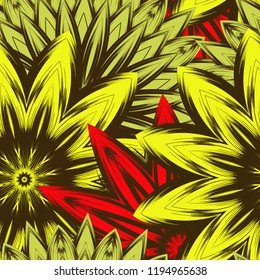 Seamless floral background. Tracery handmade nature ethnic fabric backdrop pattern with flowers. Textile design texture. Decorative color art. Vector