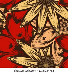 Seamless floral background. Tracery handmade nature ethnic fabric backdrop pattern with flowers. Textile design texture. Decorative color art. Vector