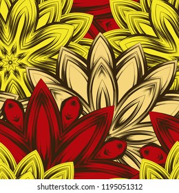 Seamless floral background. Tracery handmade nature ethnic fabric backdrop pattern with flowers. Textile design texture. Decorative color art. Vector