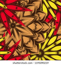 Seamless floral background. Tracery handmade nature ethnic fabric backdrop pattern with flowers. Textile design texture. Decorative color art. Vector