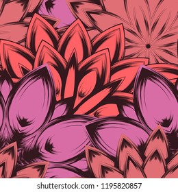 Seamless floral background. Tracery handmade nature ethnic fabric backdrop pattern with flowers. Textile design texture. Decorative color art. Vector