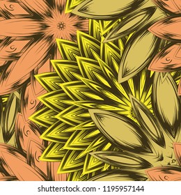 Seamless floral background. Tracery handmade nature ethnic fabric backdrop pattern with flowers. Textile design texture. Decorative color art. Vector