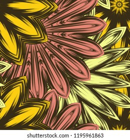 Seamless floral background. Tracery handmade nature ethnic fabric backdrop pattern with flowers. Textile design texture. Decorative color art. Vector