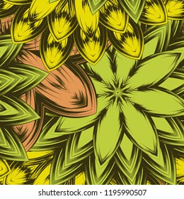 Seamless floral background. Tracery handmade nature ethnic fabric backdrop pattern with flowers. Textile design texture. Decorative color art. Vector