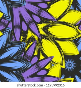 Seamless floral background. Tracery handmade nature ethnic fabric backdrop pattern with flowers. Textile design texture. Decorative color art. Vector