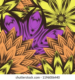 Seamless floral background. Tracery handmade nature ethnic fabric backdrop pattern with flowers. Textile design texture. Decorative color art. Vector