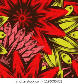 Seamless floral background. Tracery handmade nature ethnic fabric backdrop pattern with flowers. Textile design texture. Decorative color art. Vector