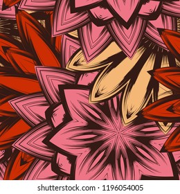Seamless floral background. Tracery handmade nature ethnic fabric backdrop pattern with flowers. Textile design texture. Decorative color art. Vector