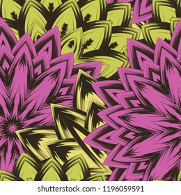 Seamless floral background. Tracery handmade nature ethnic fabric backdrop pattern with flowers. Textile design texture. Decorative color art. Vector