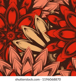 Seamless floral background. Tracery handmade nature ethnic fabric backdrop pattern with flowers. Textile design texture. Decorative color art. Vector