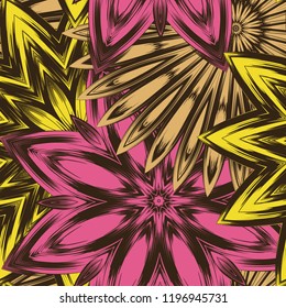 Seamless floral background. Tracery handmade nature ethnic fabric backdrop pattern with flowers. Textile design texture. Decorative color art. Vector
