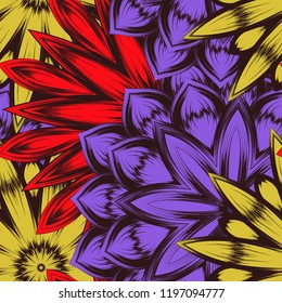 Seamless floral background. Tracery handmade nature ethnic fabric backdrop pattern with flowers. Textile design texture. Decorative color art. Vector