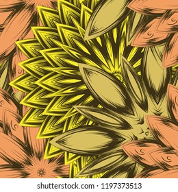 Seamless floral background. Tracery handmade nature ethnic fabric backdrop pattern with flowers. Textile design texture. Decorative color art. Vector