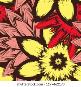 Seamless floral background. Tracery handmade nature ethnic fabric backdrop pattern with flowers. Textile design texture. Decorative color art. Vector