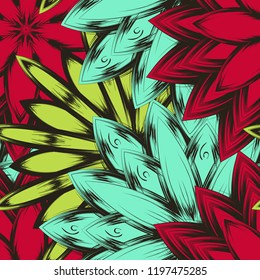 Seamless floral background. Tracery handmade nature ethnic fabric backdrop pattern with flowers. Textile design texture. Decorative color art. Vector