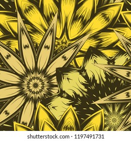 Seamless floral background. Tracery handmade nature ethnic fabric backdrop pattern with flowers. Textile design texture. Decorative color art. Vector