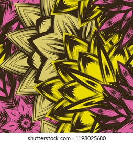 Seamless floral background. Tracery handmade nature ethnic fabric backdrop pattern with flowers. Textile design texture. Decorative color art. Vector