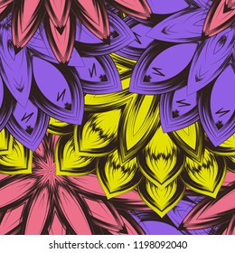 Seamless floral background. Tracery handmade nature ethnic fabric backdrop pattern with flowers. Textile design texture. Decorative color art. Vector