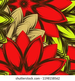 Seamless floral background. Tracery handmade nature ethnic fabric backdrop pattern with flowers. Textile design texture. Decorative color art. Vector