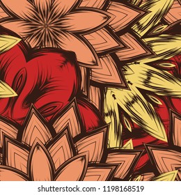 Seamless floral background. Tracery handmade nature ethnic fabric backdrop pattern with flowers. Textile design texture. Decorative color art. Vector