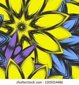 Seamless floral background. Tracery handmade nature ethnic fabric backdrop pattern with flowers. Textile design texture. Decorative color art. Vector