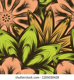 Seamless floral background. Tracery handmade nature ethnic fabric backdrop pattern with flowers. Textile design texture. Decorative color art. Vector