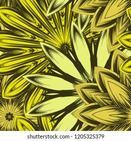 Seamless floral background. Tracery handmade nature ethnic fabric backdrop pattern with flowers. Textile design texture. Decorative color art. Vector