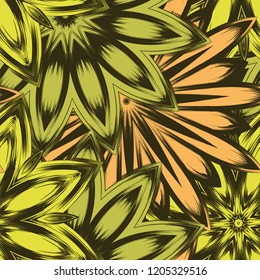 Seamless floral background. Tracery handmade nature ethnic fabric backdrop pattern with flowers. Textile design texture. Decorative color art. Vector