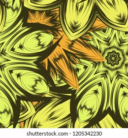 Seamless floral background. Tracery handmade nature ethnic fabric backdrop pattern with flowers. Textile design texture. Decorative color art. Vector