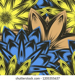 Seamless floral background. Tracery handmade nature ethnic fabric backdrop pattern with flowers. Textile design texture. Decorative color art. Vector