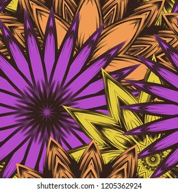 Seamless floral background. Tracery handmade nature ethnic fabric backdrop pattern with flowers. Textile design texture. Decorative color art. Vector